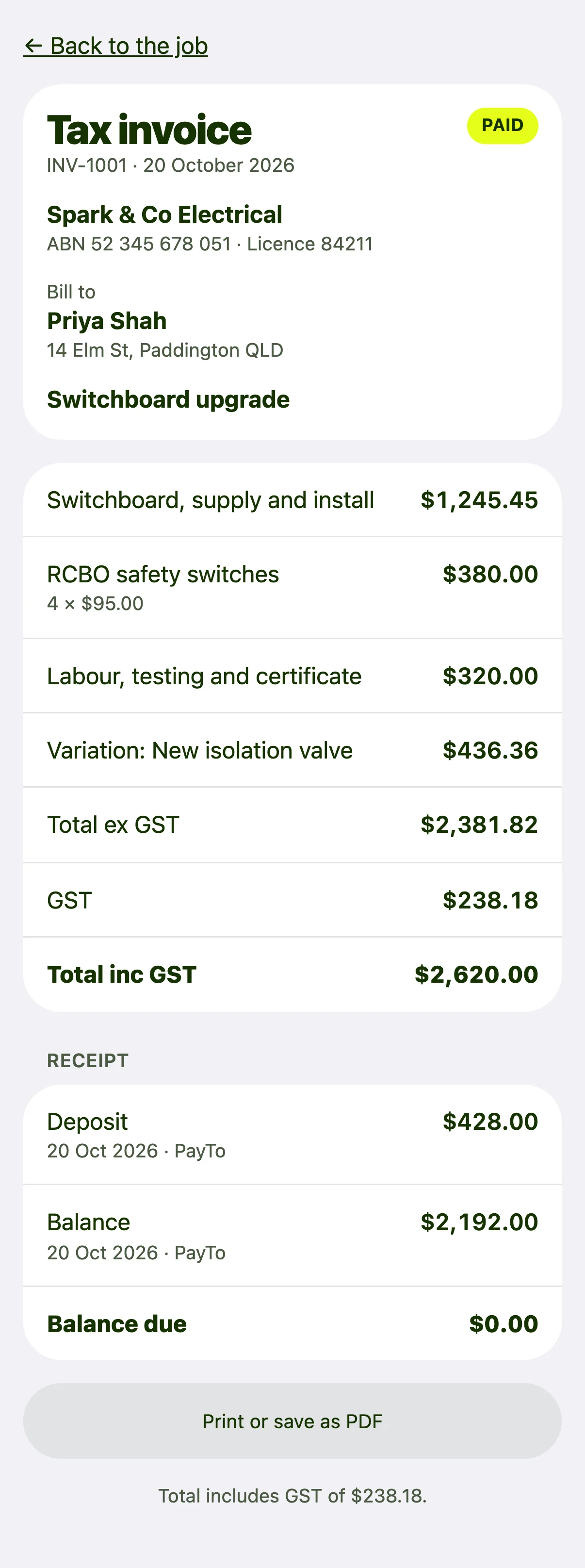 GST tax invoice and receipt