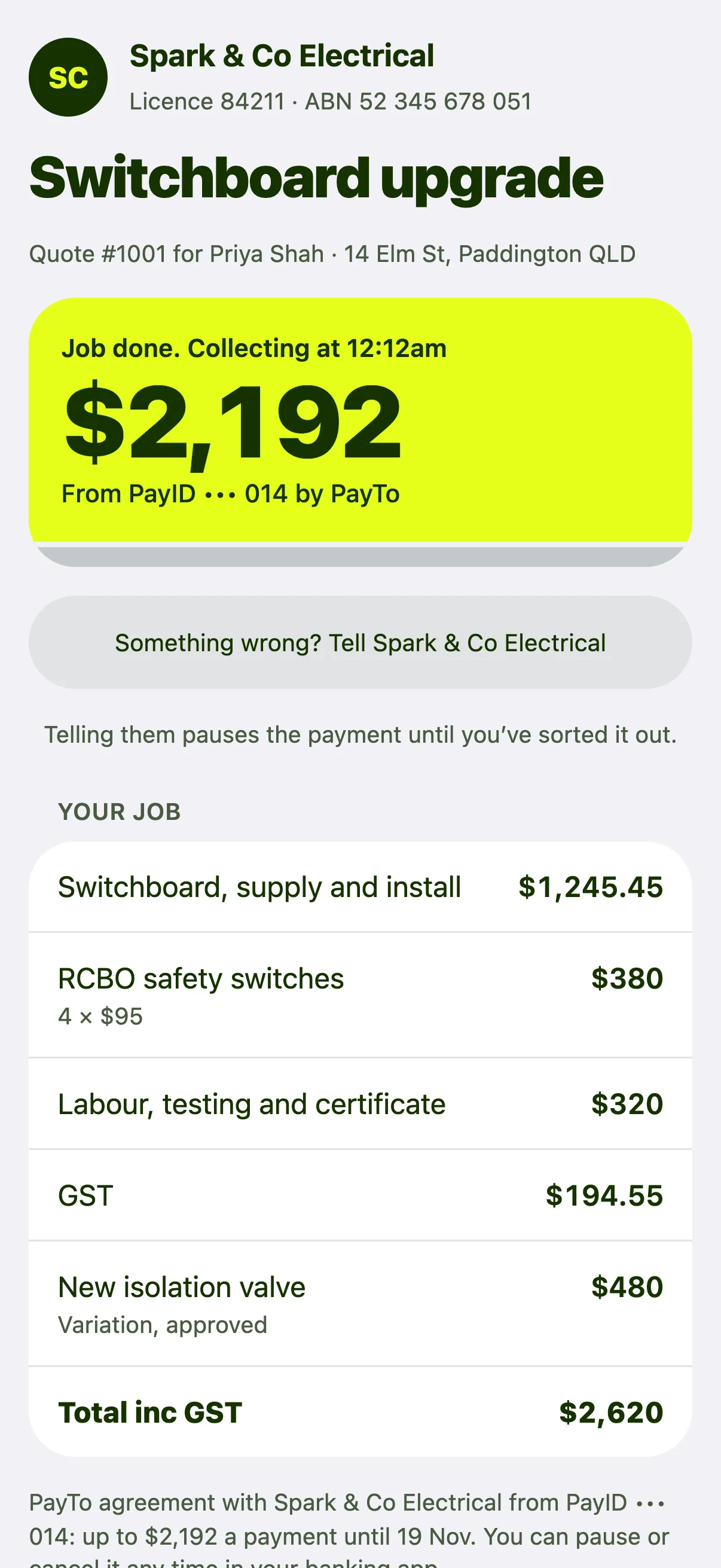 Customer page after Job done with a Something wrong button