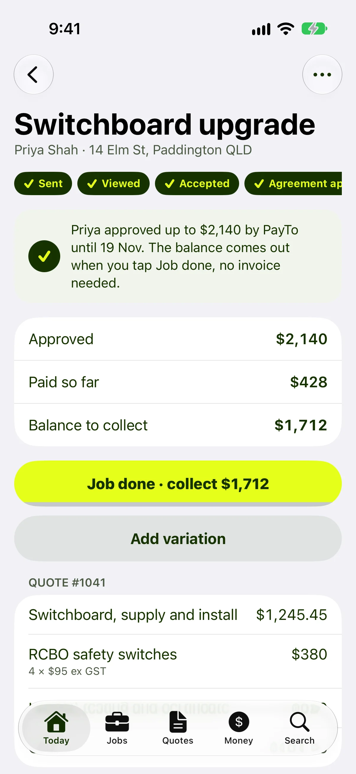 A job with its payment timeline