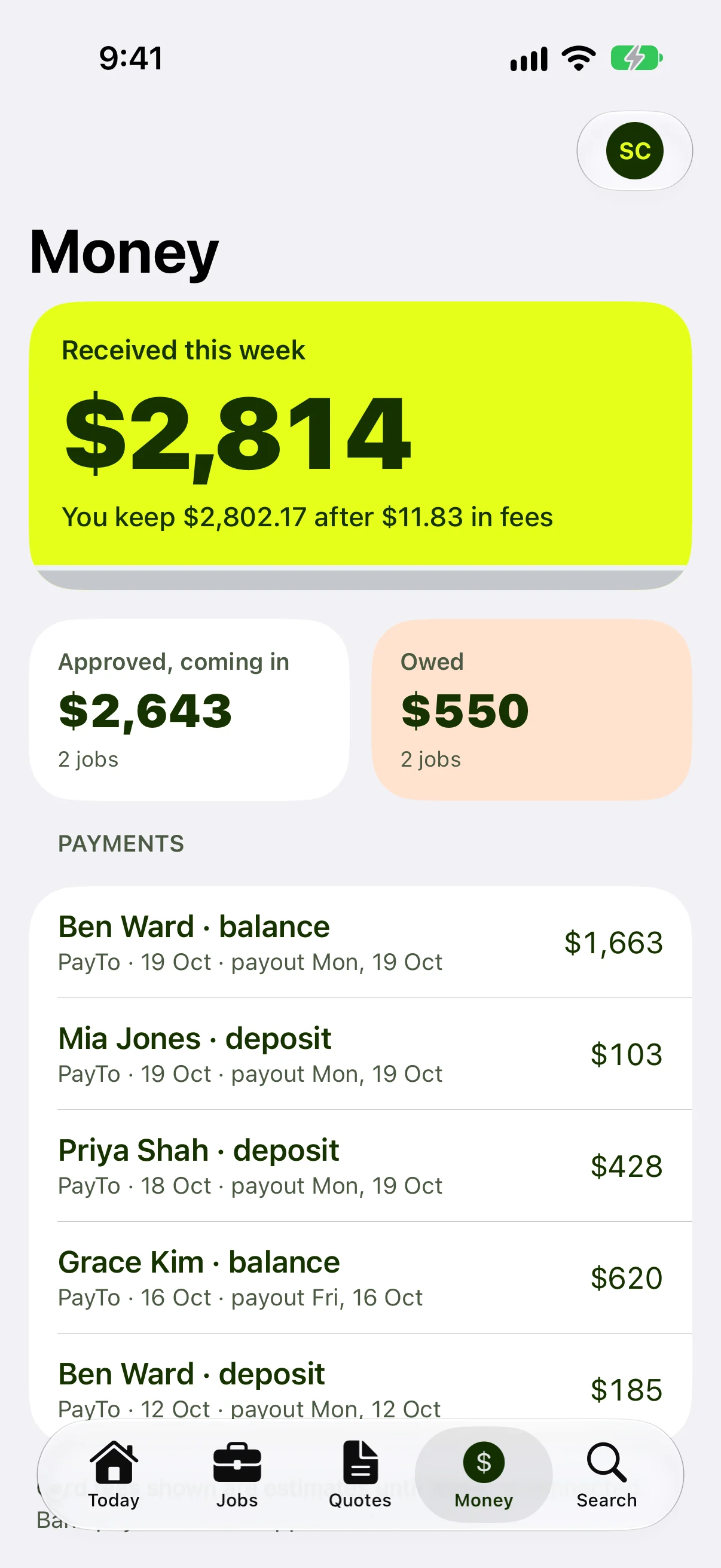 Money screen with payments and fees