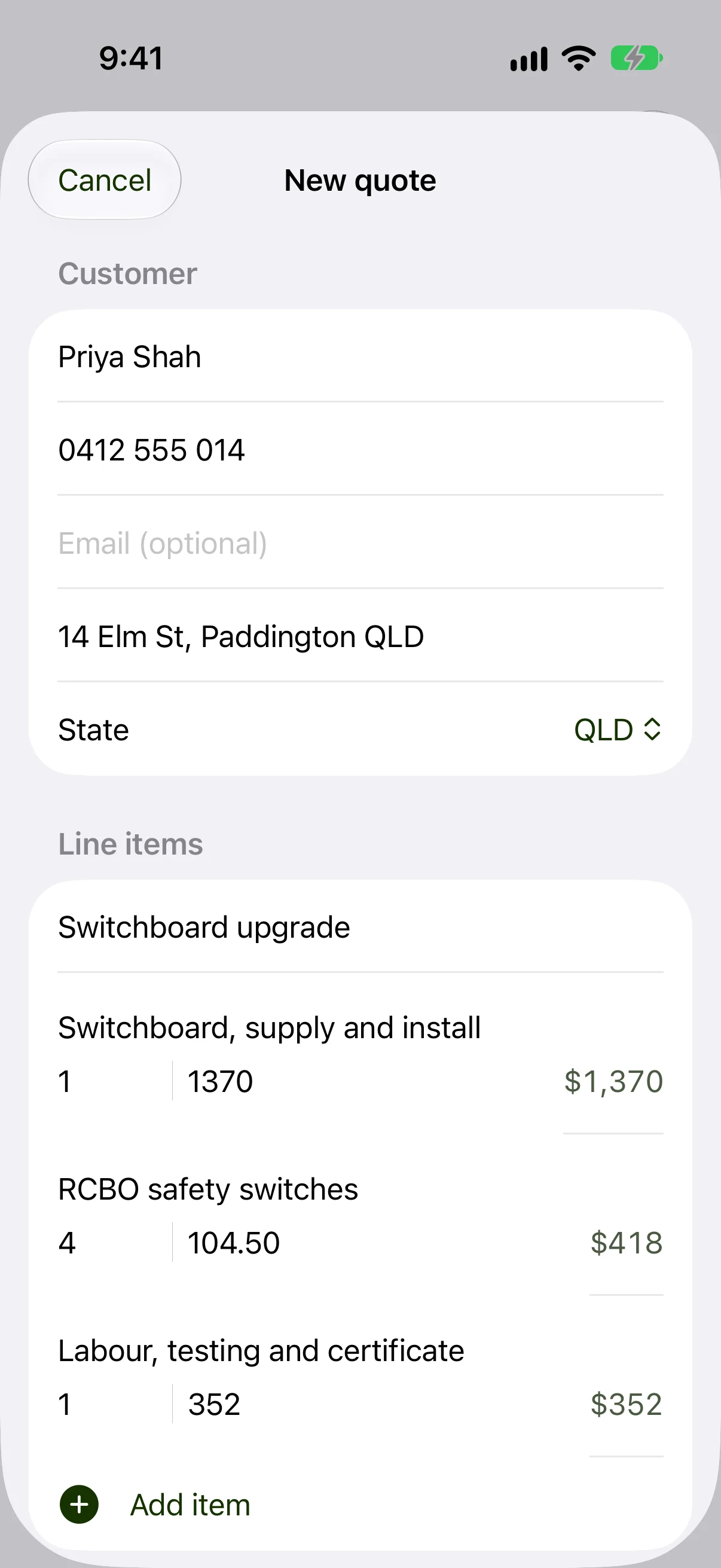 Building a quote with line items on iPhone