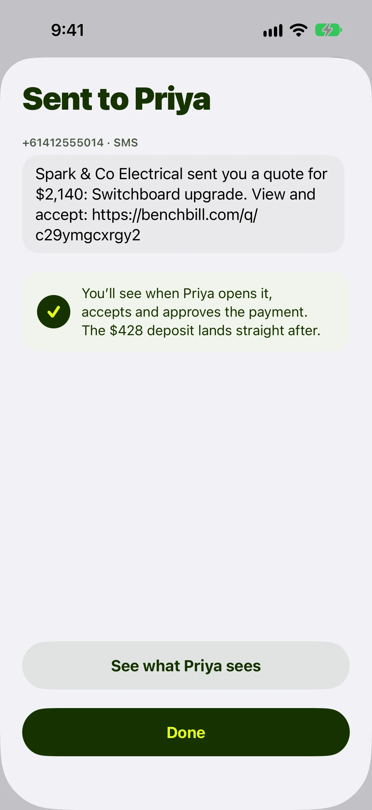 The Sent to Priya screen, showing the text that went out with the quote link